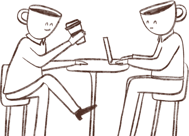 Two cup-headed friends having coffee together